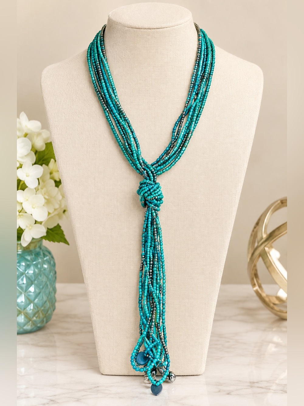🌸 Turquoise and Silver Multi-Strand Necklace